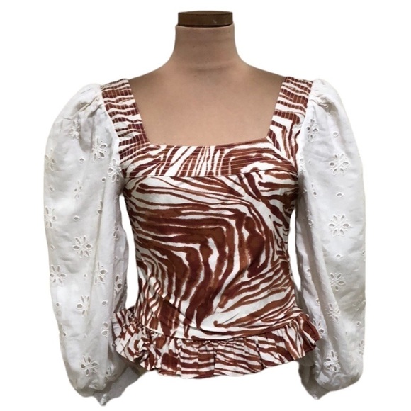 Love The Label Blouse Size Small Ivory Brown Zebra Eyelet Pattern - Picture 1 of 9